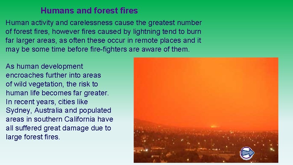 Humans and forest fires Human activity and carelessness cause the greatest number of forest