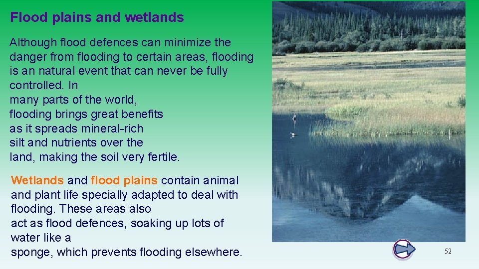 Flood plains and wetlands Although flood defences can minimize the danger from flooding to