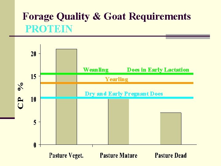 Forage Quality & Goat Requirements PROTEIN Weanling Does in Early Lactation Yearling Dry and