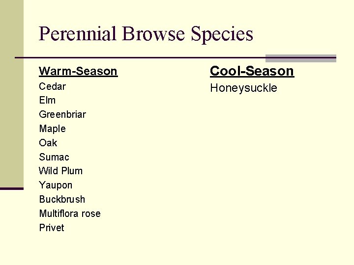 Perennial Browse Species Warm-Season Cool-Season Cedar Elm Greenbriar Maple Oak Sumac Wild Plum Yaupon