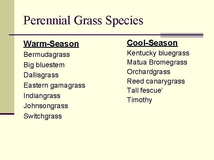 Perennial Grass Species Warm-Season Cool-Season Bermudagrass Big bluestem Dallisgrass Eastern gamagrass Indiangrass Johnsongrass Switchgrass