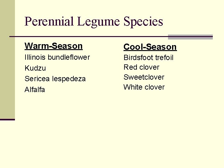 Perennial Legume Species Warm-Season Cool-Season Illinois bundleflower Kudzu Sericea lespedeza Alfalfa Birdsfoot trefoil Red