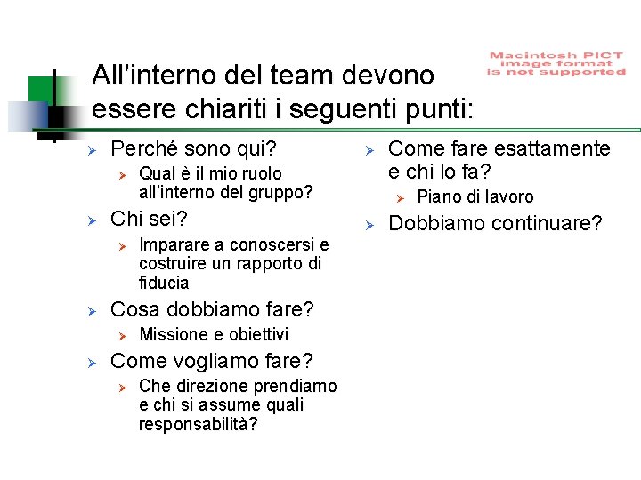 All’interno del team devono essere chiariti i seguenti punti: Ø Perché sono qui? Ø