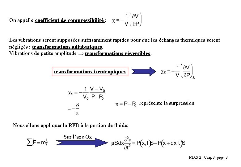 On appelle coefficient de compressibilité : Les vibrations seront supposées suffisamment rapides pour que