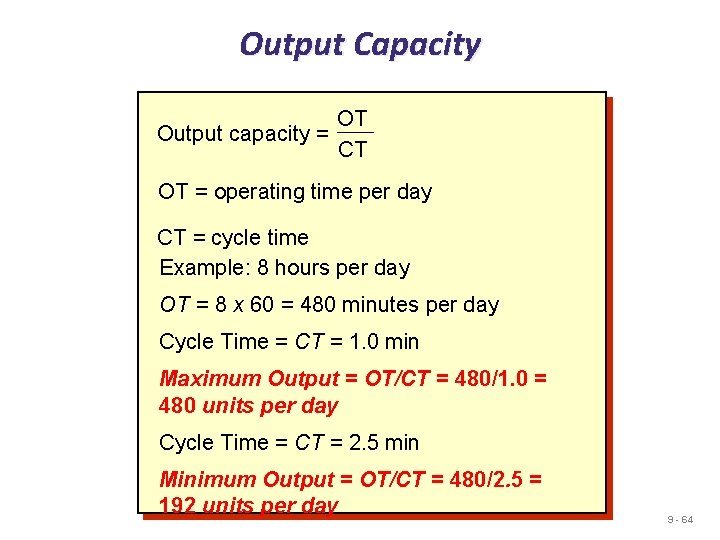 Output Capacity OT Output capacity = CT OT = operating time per day CT