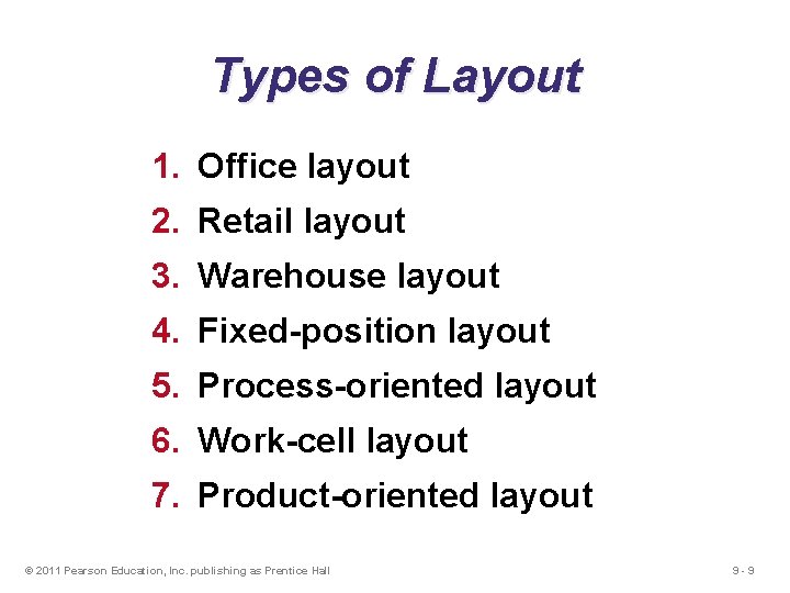 Types of Layout 1. Office layout 2. Retail layout 3. Warehouse layout 4. Fixed-position