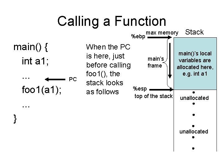 Calling a Function %ebp main() { int a 1; . . . foo 1(a