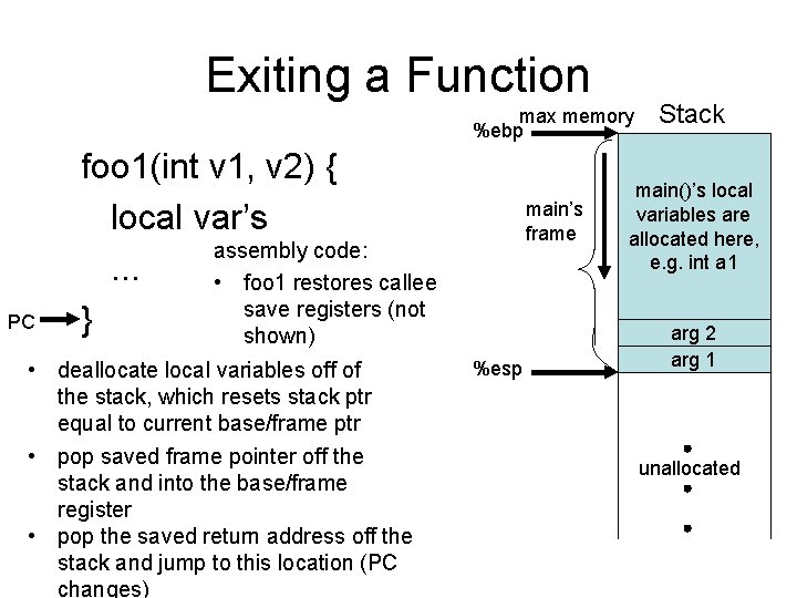 Exiting a Function max memory %ebp PC foo 1(int v 1, v 2) {