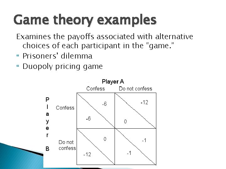 Game theory examples Examines the payoffs associated with alternative choices of each participant in