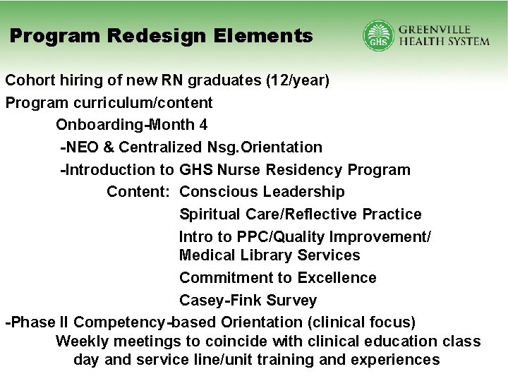 Program Redesign Elements Cohort hiring of new RN graduates (12/year) Program curriculum/content Onboarding-Month 4