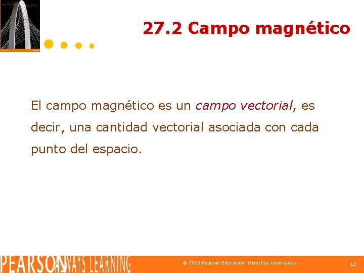 27. 2 Campo magnético El campo magnético es un campo vectorial, es decir, una