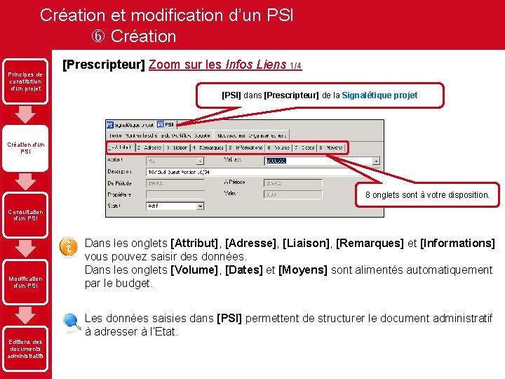 Création et modification d’un PSI Création Principes de constitution d'un projet [Prescripteur] Zoom sur