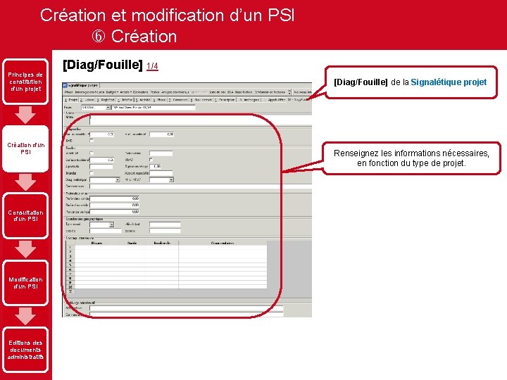 Création et modification d’un PSI Création Principes de constitution d'un projet Création d'un PSI