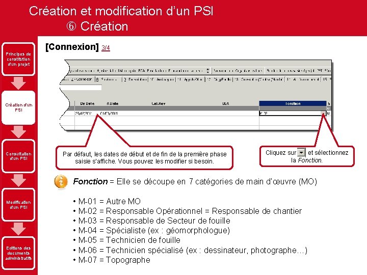 Création et modification d’un PSI Création Principes de constitution d'un projet [Connexion] 3/4 Création