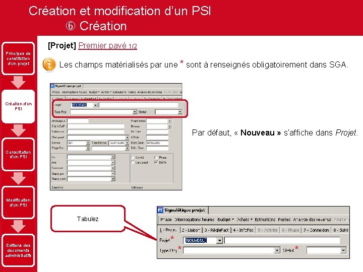 Création et modification d’un PSI Création [Projet] Premier pavé 1/2 Principes de constitution d'un