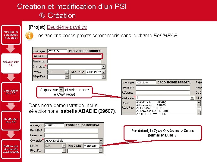 Création et modification d’un PSI Création [Projet] Deuxième pavé 2/3 Principes de constitution d'un
