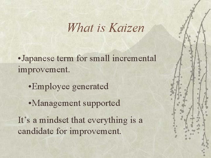 What is Kaizen • Japanese term for small incremental improvement. • Employee generated •