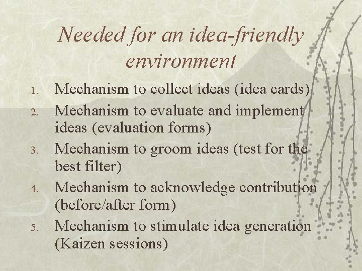 Needed for an idea-friendly environment 1. 2. 3. 4. 5. Mechanism to collect ideas