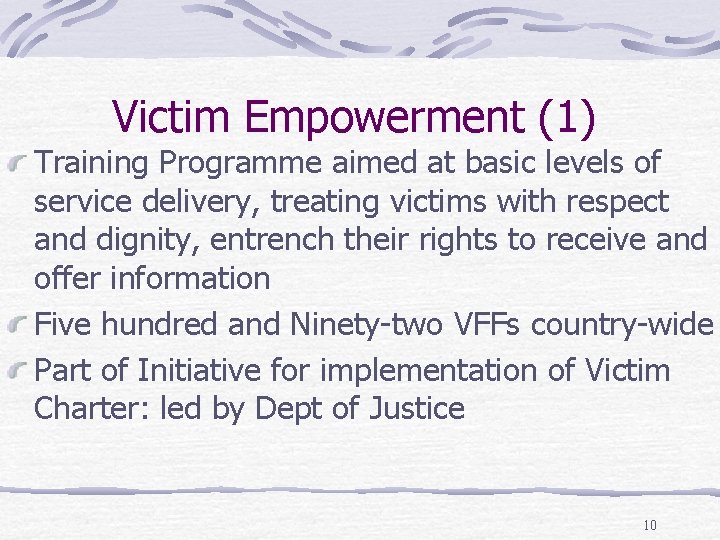 Victim Empowerment (1) Training Programme aimed at basic levels of service delivery, treating victims