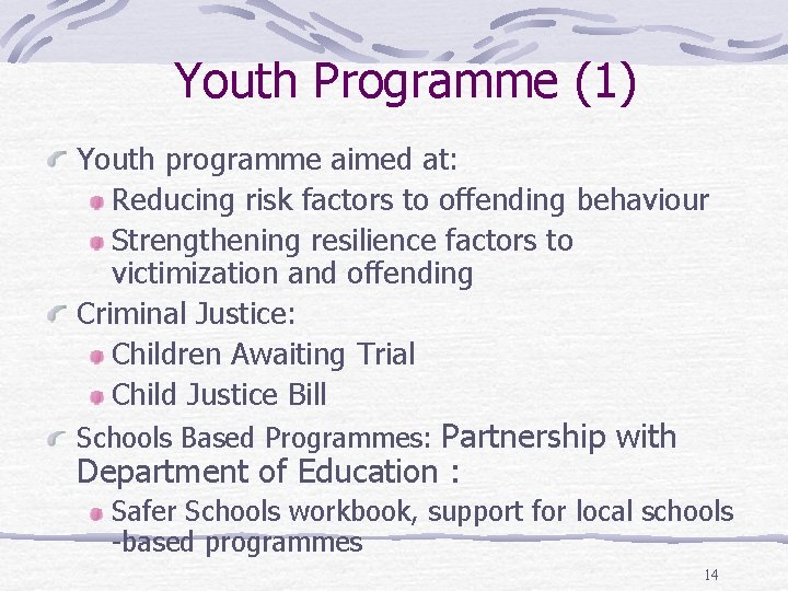 Youth Programme (1) Youth programme aimed at: Reducing risk factors to offending behaviour Strengthening
