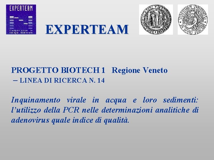 EXPERTEAM PROGETTO BIOTECH 1 Regione Veneto – LINEA DI RICERCA N. 14 Inquinamento virale