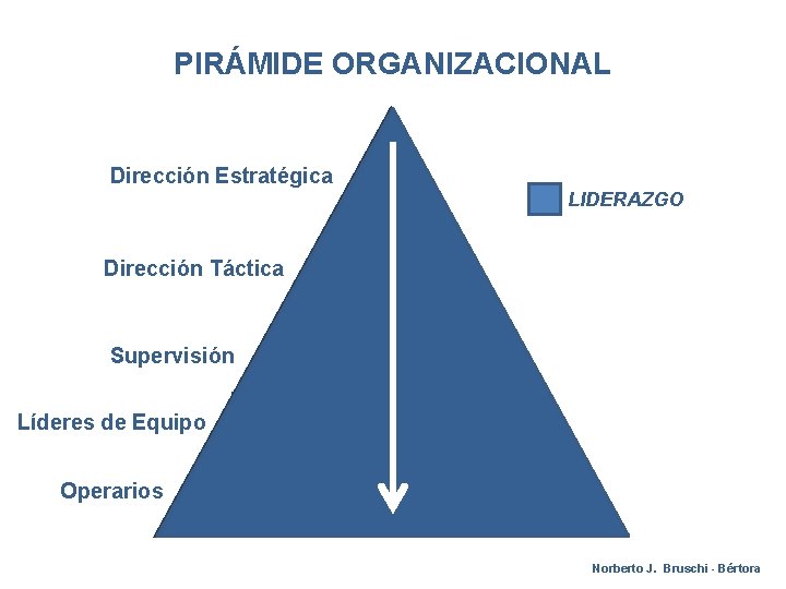 PIRÁMIDE ORGANIZACIONAL Dirección Estratégica LIDERAZGO Dirección Táctica Supervisión Líderes de Equipo Operarios Norberto J.