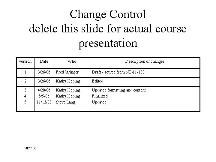 Change Control delete this slide for actual course presentation version Date 1 3/26/06 Fred