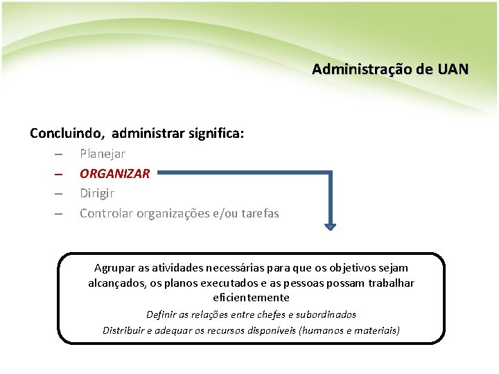 Administração de UAN Concluindo, administrar significa: – – Planejar ORGANIZAR Dirigir Controlar organizações e/ou Administração de UAN Concluindo, administrar significa: – – Planejar ORGANIZAR Dirigir Controlar organizações e/ou