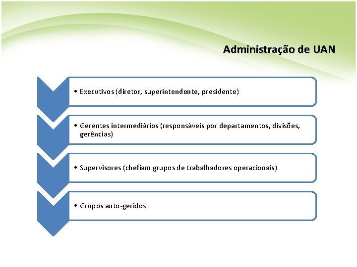 Administração de UAN • Executivos (diretor, superintendente, presidente) • Gerentes intermediários (responsáveis por departamentos, Administração de UAN • Executivos (diretor, superintendente, presidente) • Gerentes intermediários (responsáveis por departamentos,