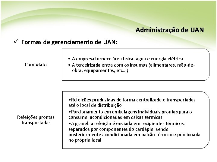 Administração de UAN ü Formas de gerenciamento de UAN: Comodato Refeições prontas transportadas • Administração de UAN ü Formas de gerenciamento de UAN: Comodato Refeições prontas transportadas •