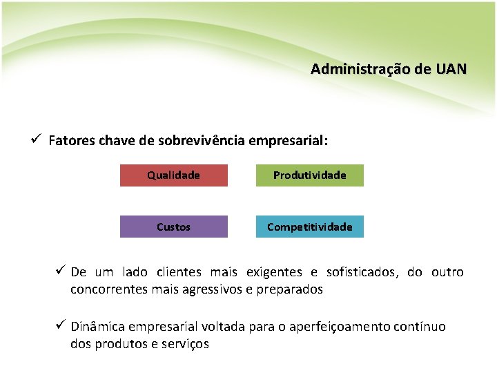 Administração de UAN ü Fatores chave de sobrevivência empresarial: Qualidade Produtividade Custos Competitividade ü Administração de UAN ü Fatores chave de sobrevivência empresarial: Qualidade Produtividade Custos Competitividade ü