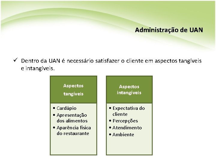Administração de UAN ü Dentro da UAN é necessário satisfazer o cliente em aspectos Administração de UAN ü Dentro da UAN é necessário satisfazer o cliente em aspectos