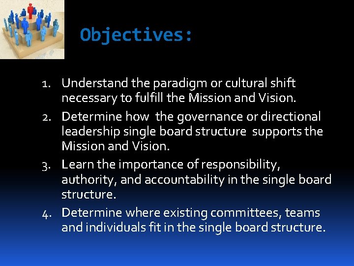 Objectives: 1. Understand the paradigm or cultural shift necessary to fulfill the Mission and