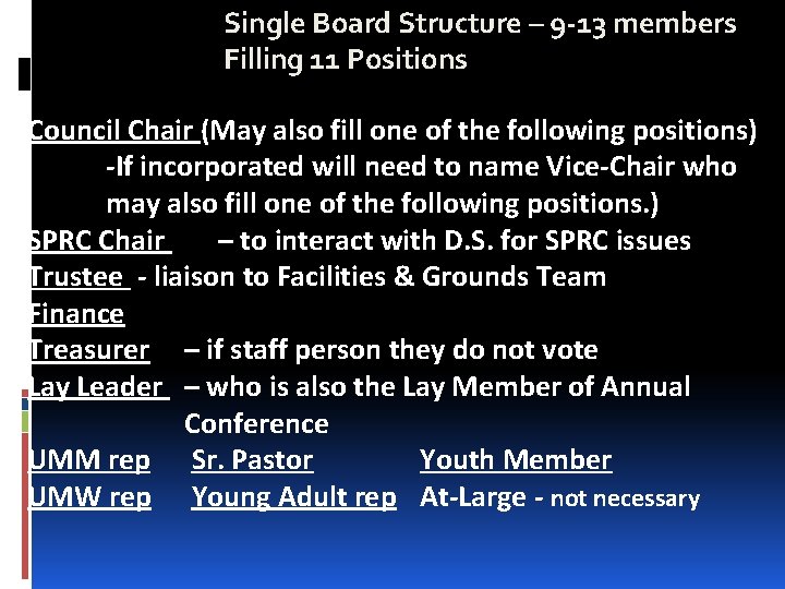 Single Board Structure – 9 -13 members Filling 11 Positions Council Chair (May also