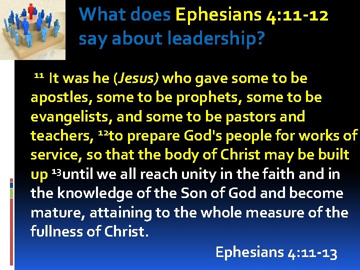 What does Ephesians 4: 11 -12 say about leadership? 11 It was he (Jesus)