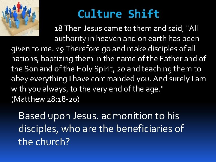 Culture Shift 18 Then Jesus came to them and said, "All authority in heaven