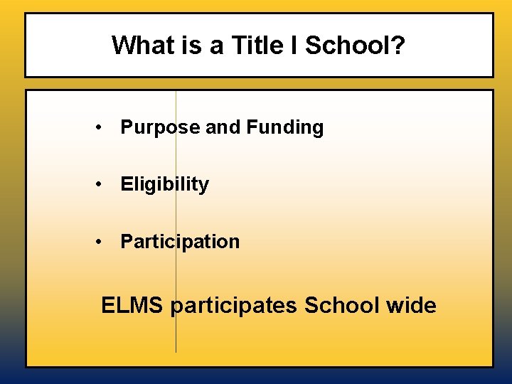 What is a Title I School? • Purpose and Funding • Eligibility • Participation