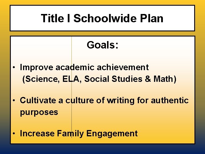 Title I Schoolwide Plan Goals: • Improve academic achievement (Science, ELA, Social Studies &