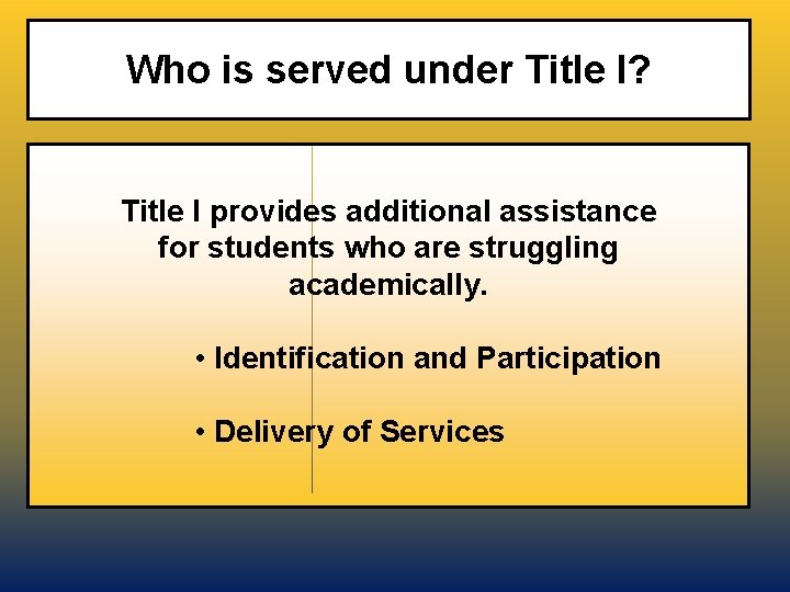 Who is served under Title I? Title I provides additional assistance for students who