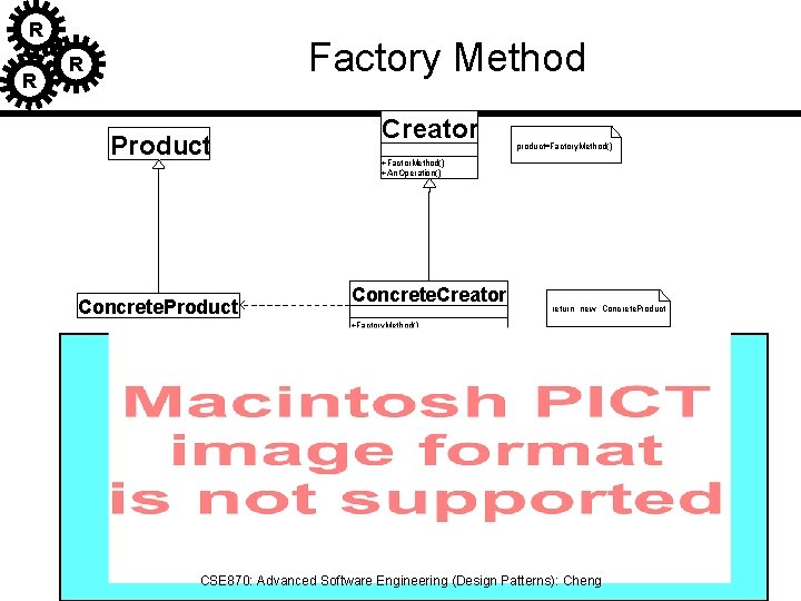 R R Factory Method R Product Concrete. Product Creator product=Factory. Method() +Factor. Method() +An.