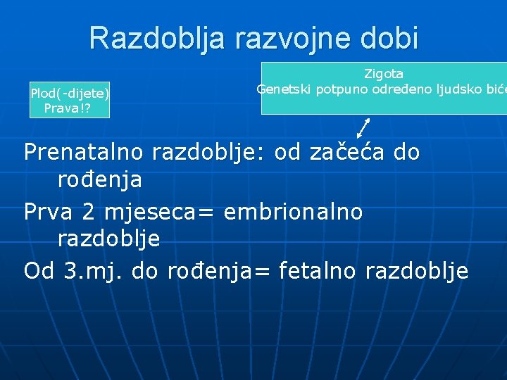 Razdoblja razvojne dobi Plod(-dijete) Prava!? Zigota Genetski potpuno određeno ljudsko biće Prenatalno razdoblje: od