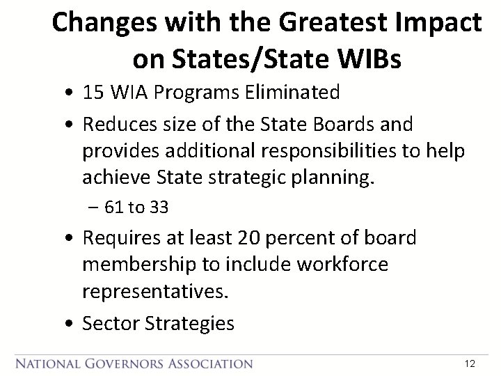 Changes with the Greatest Impact on States/State WIBs • 15 WIA Programs Eliminated •