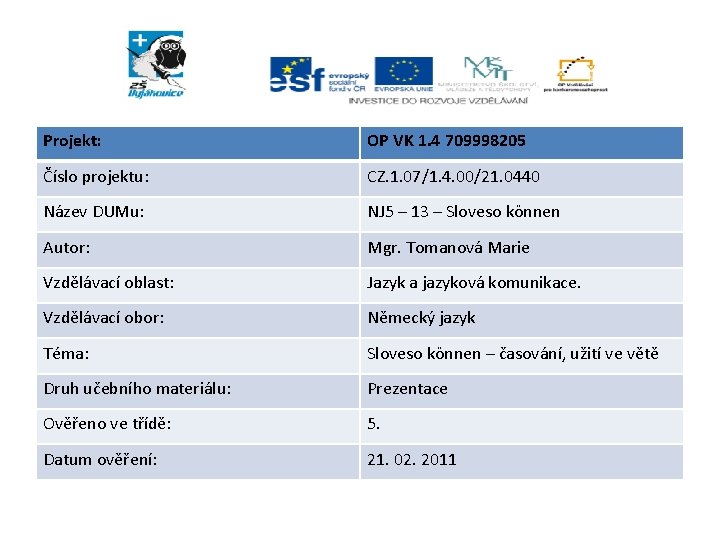 Projekt: OP VK 1. 4 709998205 Číslo projektu: CZ. 1. 07/1. 4. 00/21. 0440