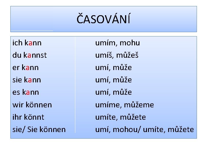 ČASOVÁNÍ ich kann du kannst er kann sie kann es kann wir können ihr