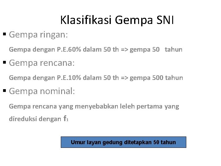 Klasifikasi Gempa SNI § Gempa ringan: Gempa dengan P. E. 60% dalam 50 th