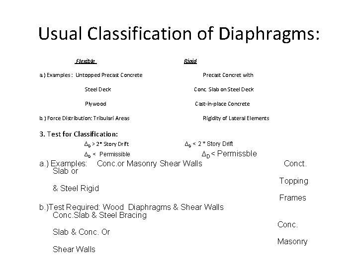 Usual Classification of Diaphragms: Flexible Rigid a. ) Examples : Untopped Precast Concrete Precast