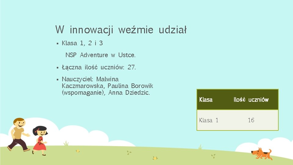 W innowacji weźmie udział § Klasa 1, 2 i 3 NSP Adventure w Ustce.