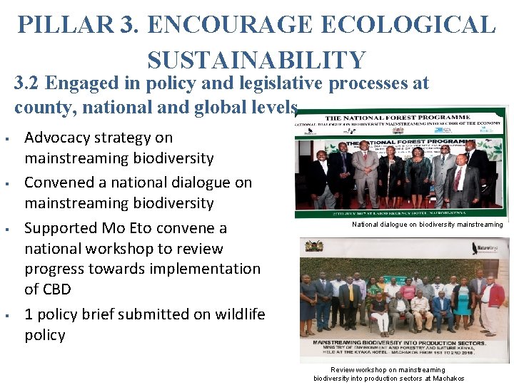 PILLAR 3. ENCOURAGE ECOLOGICAL SUSTAINABILITY 3. 2 Engaged in policy and legislative processes at