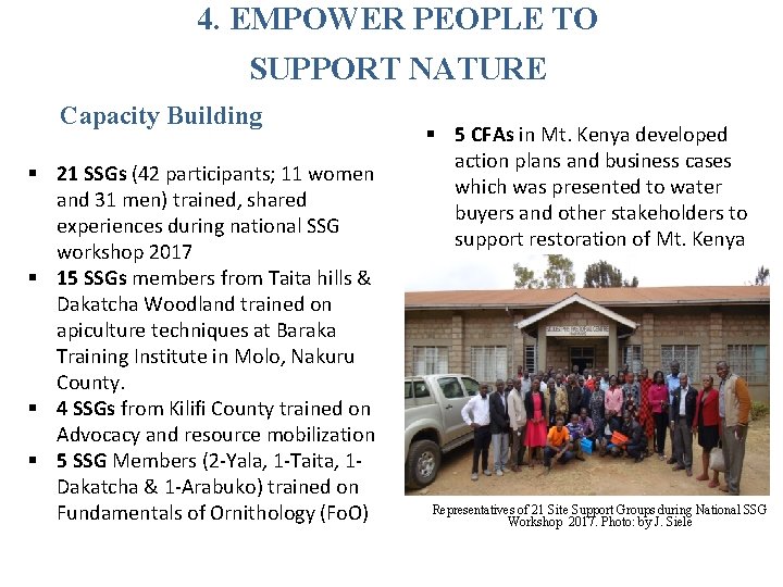 4. EMPOWER PEOPLE TO SUPPORT NATURE Capacity Building § 21 SSGs (42 participants; 11