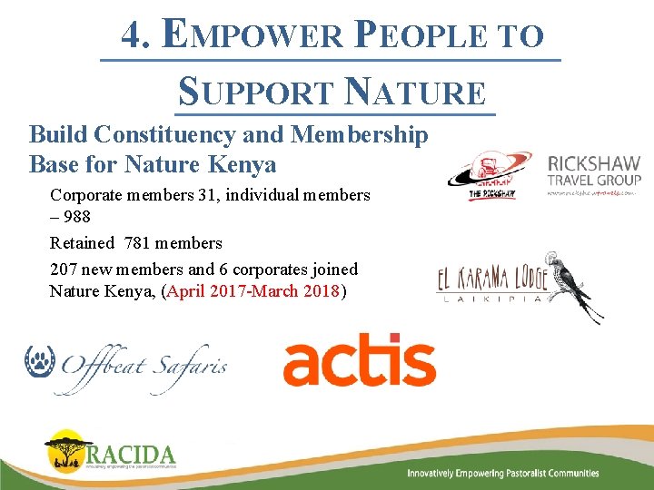 4. EMPOWER PEOPLE TO SUPPORT NATURE Build Constituency and Membership Base for Nature Kenya